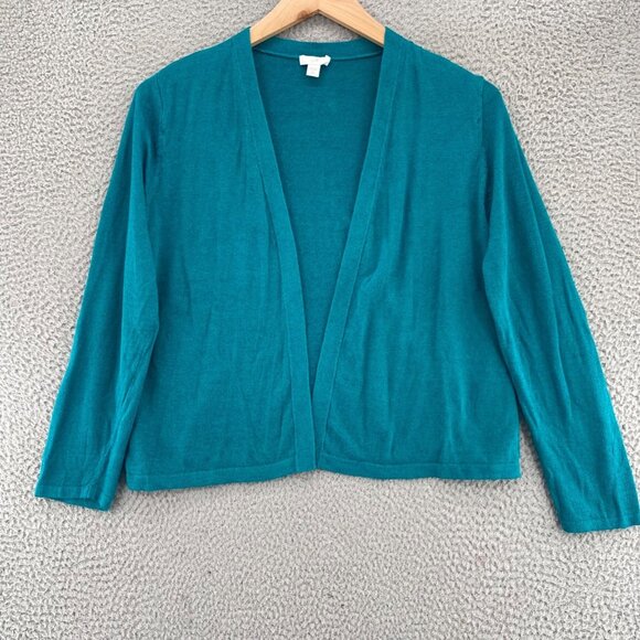 J Jill Sweater Women Medium Petite Green Linen Blend Cardigan Open Front Stretch - Picture 1 of 11